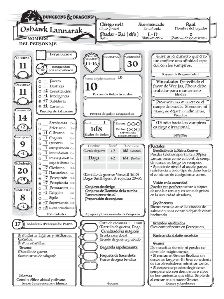 Ficha de Personaje Clérigo ShadarKai PDF