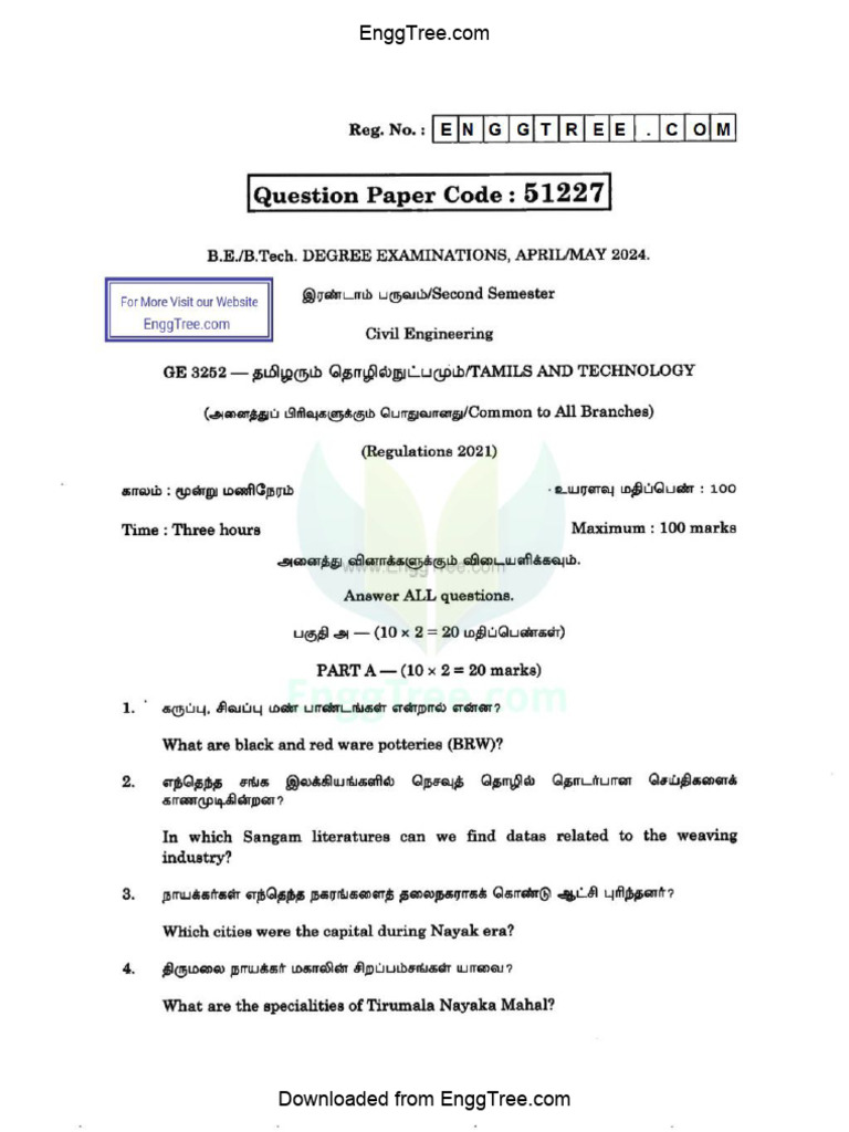 GE3252 Tamils and Technology Apr May 2024 Question Paper Download | PDF