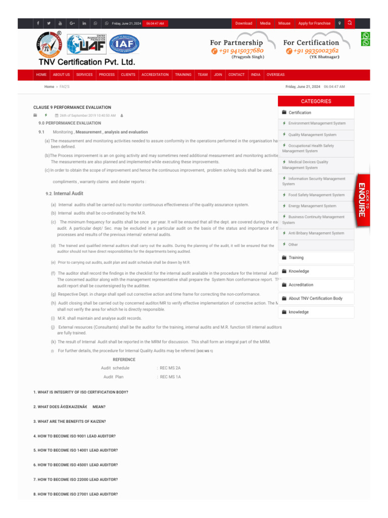 ISO Internal Audit & Performance Evaluation | PDF | Audit | Internal Audit