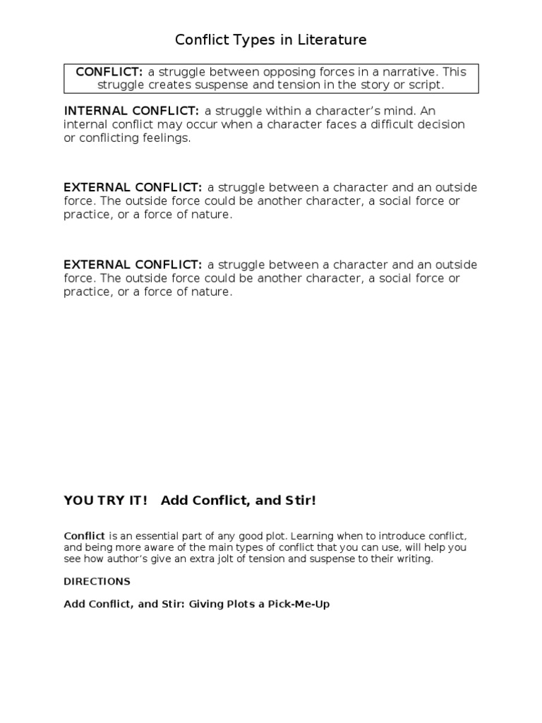 Conflict Types in Literature: YOU TRY IT! Add Conflict, and Stir! | PDF