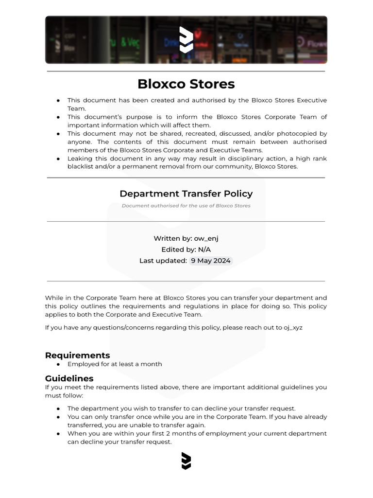 Bloxco Stores Department Transfer Policy | PDF | Justice | Crime & Violence