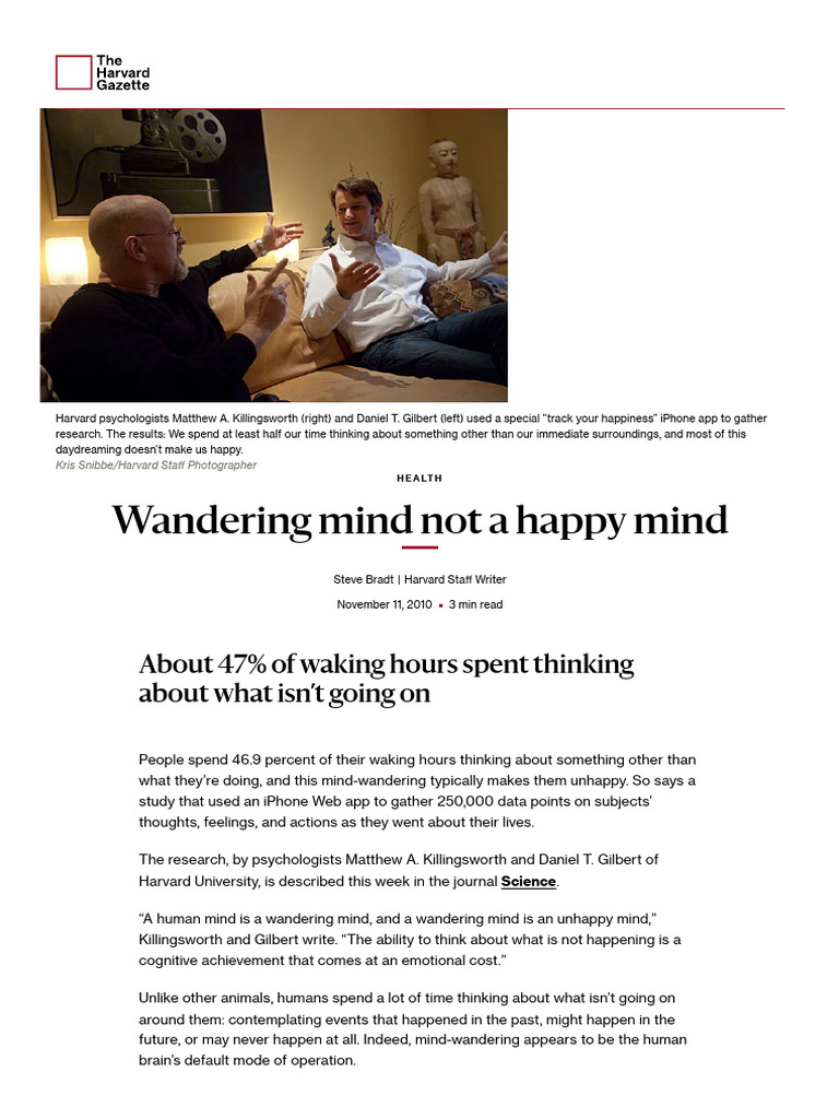 1-2 Wandering Mind Not A Happy Mind - Harvard Gazette | PDF | Happiness ...