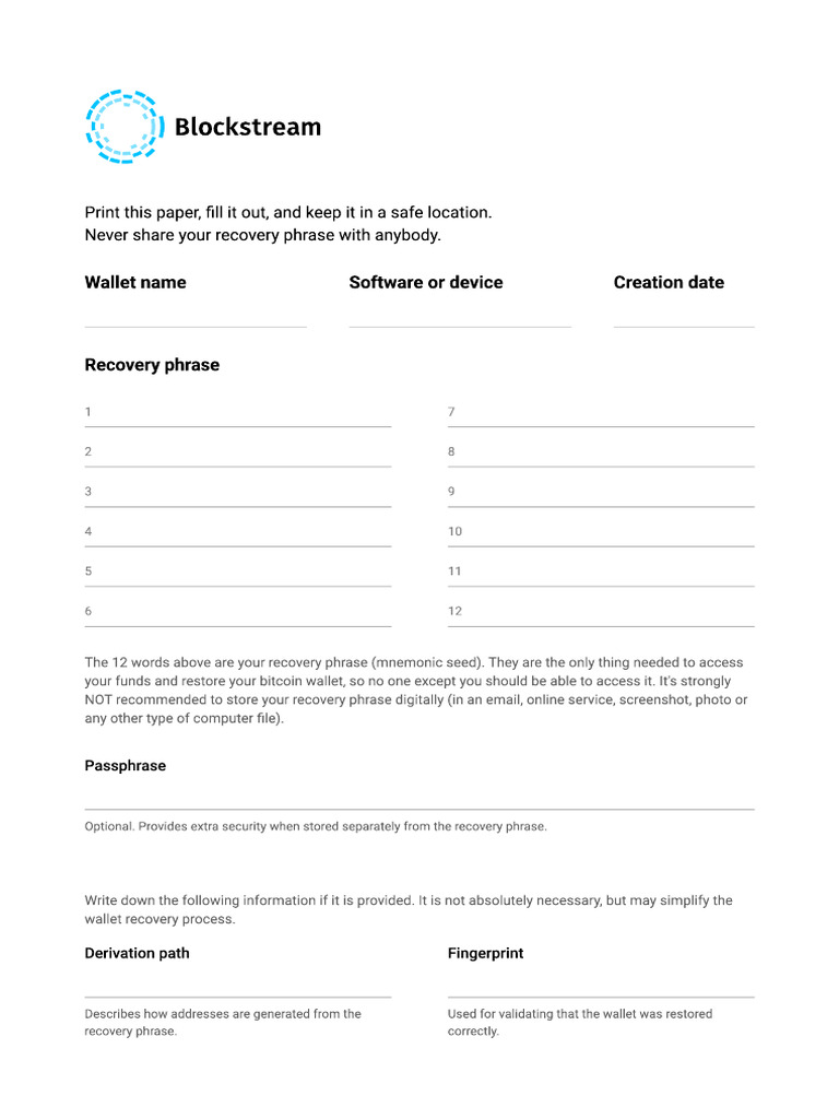 Recovery Phrase Backup Template 12 Words QyUKWr | PDF