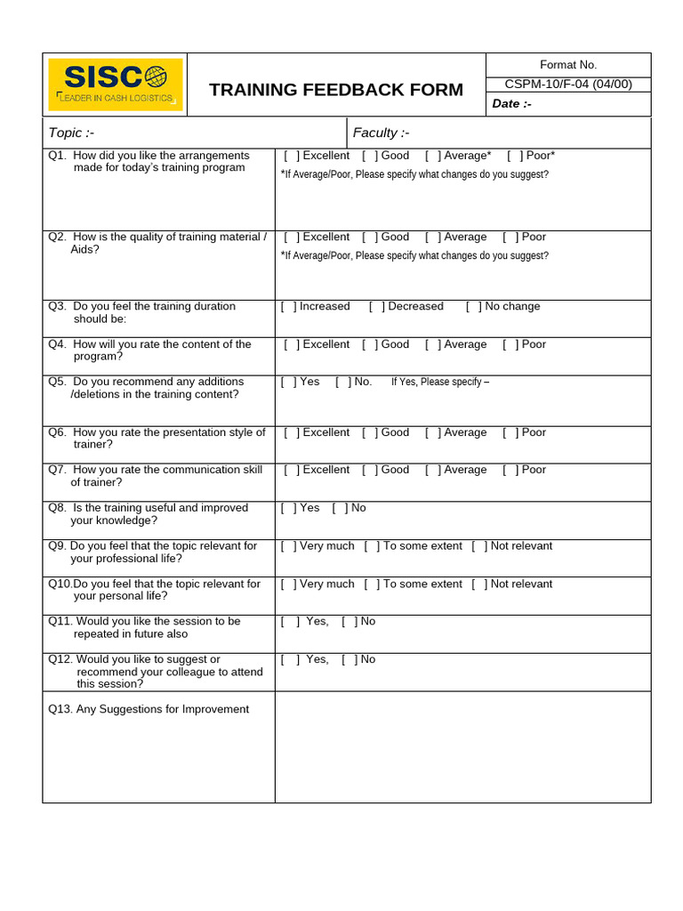 Training Feedback Form - SISCO | PDF
