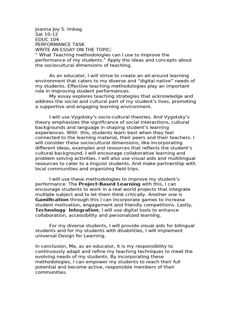 Performance Task Essay On Eduv 104 | PDF