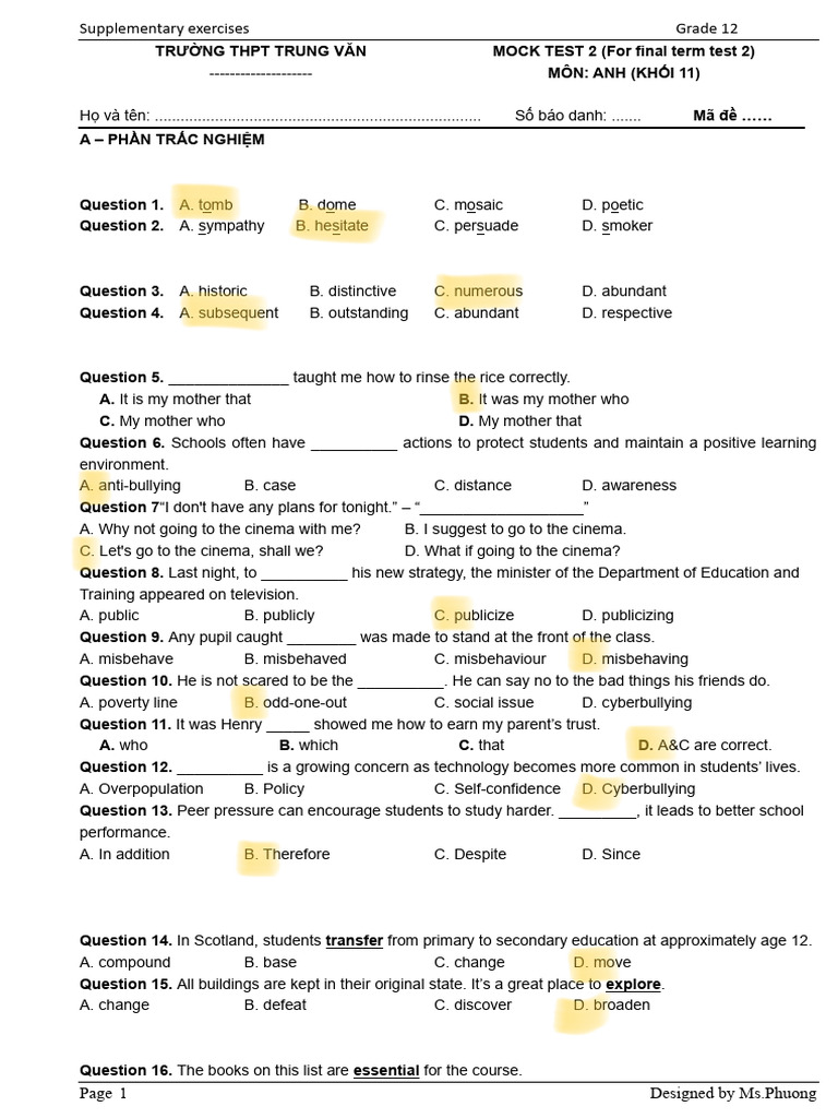 Grade 11 English Mock Test | PDF | Bullying | Adolescence