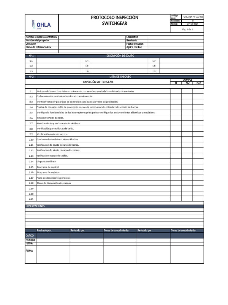 Protocolo de Inspección Switchgear | PDF | Relé | Electrónica