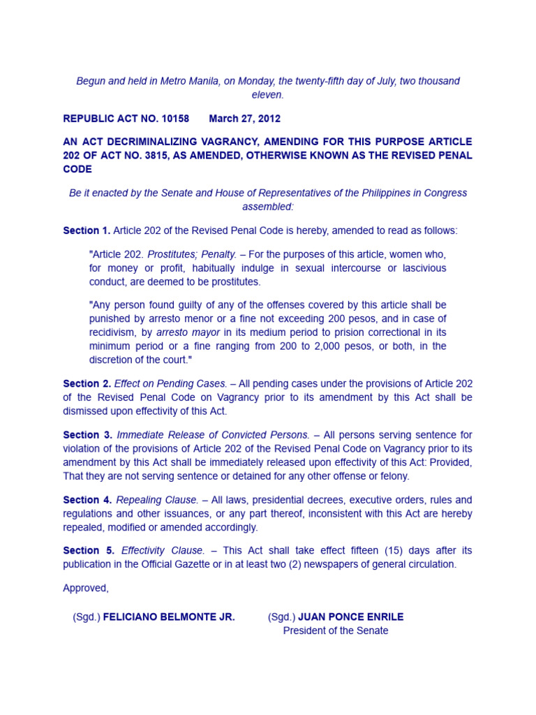 Decriminalization of Vagrancy Act 2012 | PDF | Justice | Crime & Violence