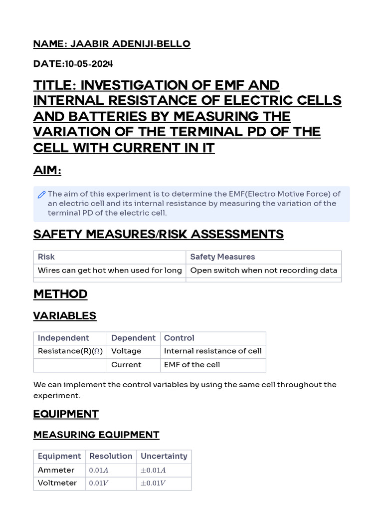 Determination of EMF and Internal Resistance | PDF | Voltage | Physical ...
