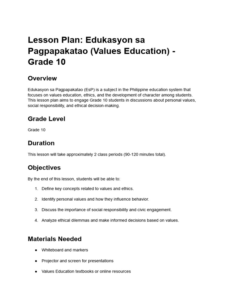 Lesson Plan Edukasyon Sa Pagpapakatao (Values Education) Grade 10
