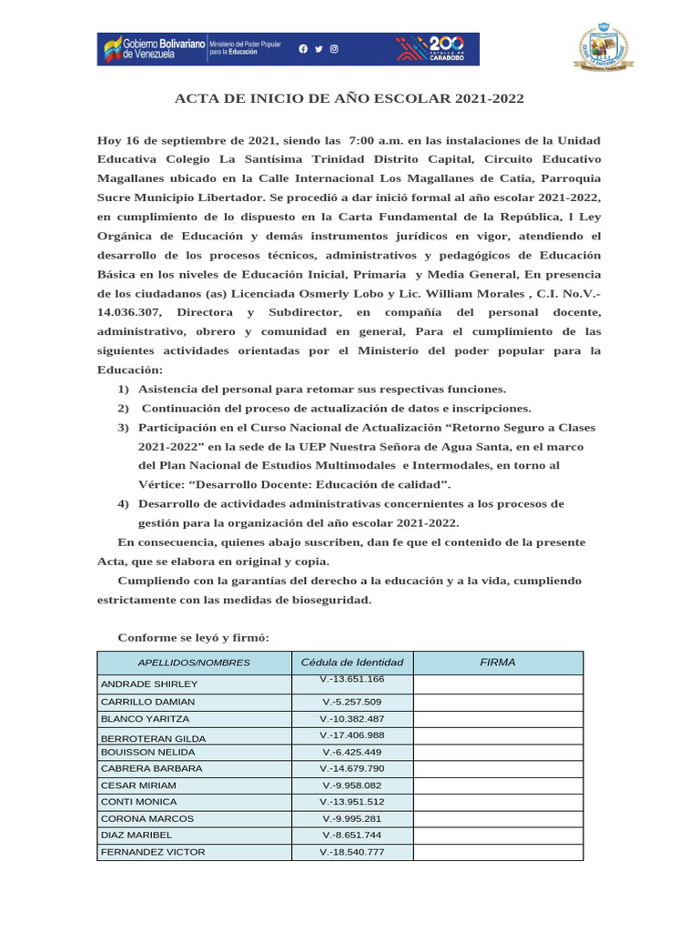 Acta de Inicio de Actividades 2021-2022 Formato Nuevo | PDF