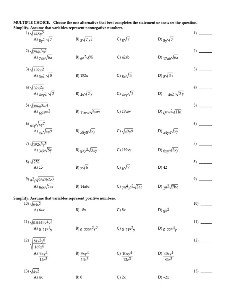 Simplifying Radical Expressions Quiz | PDF | Algebra | Mathematics