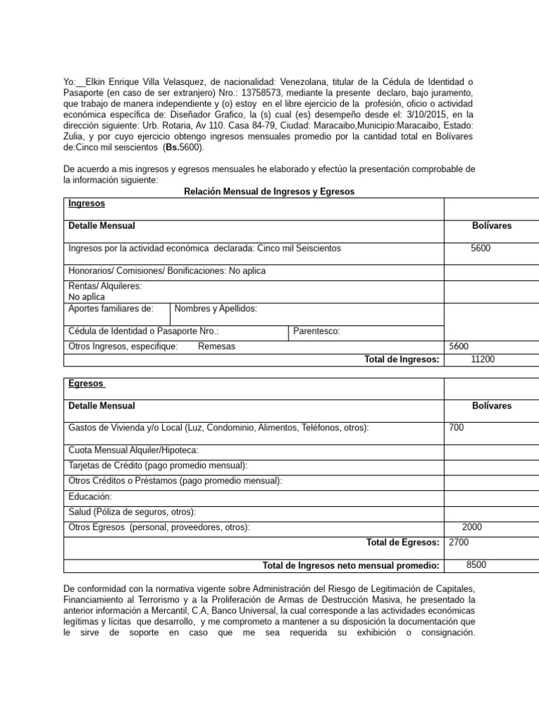 Declaración de Ingresos y Egresos 2025 | PDF