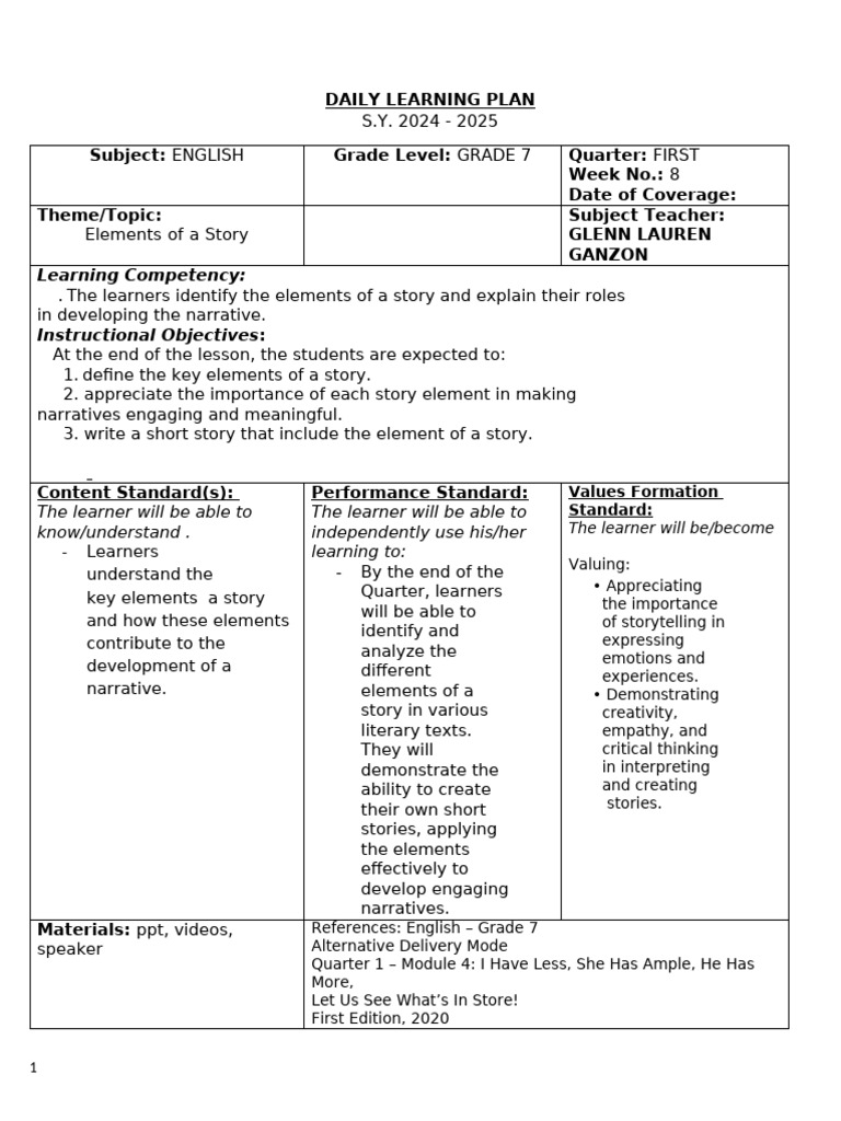 Ganzon, Glenn Lauren T.- Lesson Plan | PDF | Learning | Narrative