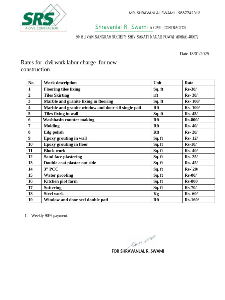 Civil Work Labour Rate List | PDF