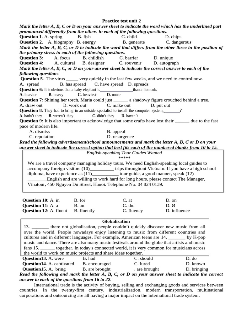 Unit 2 Practice Test: English Skills | PDF | Gift | Trade
