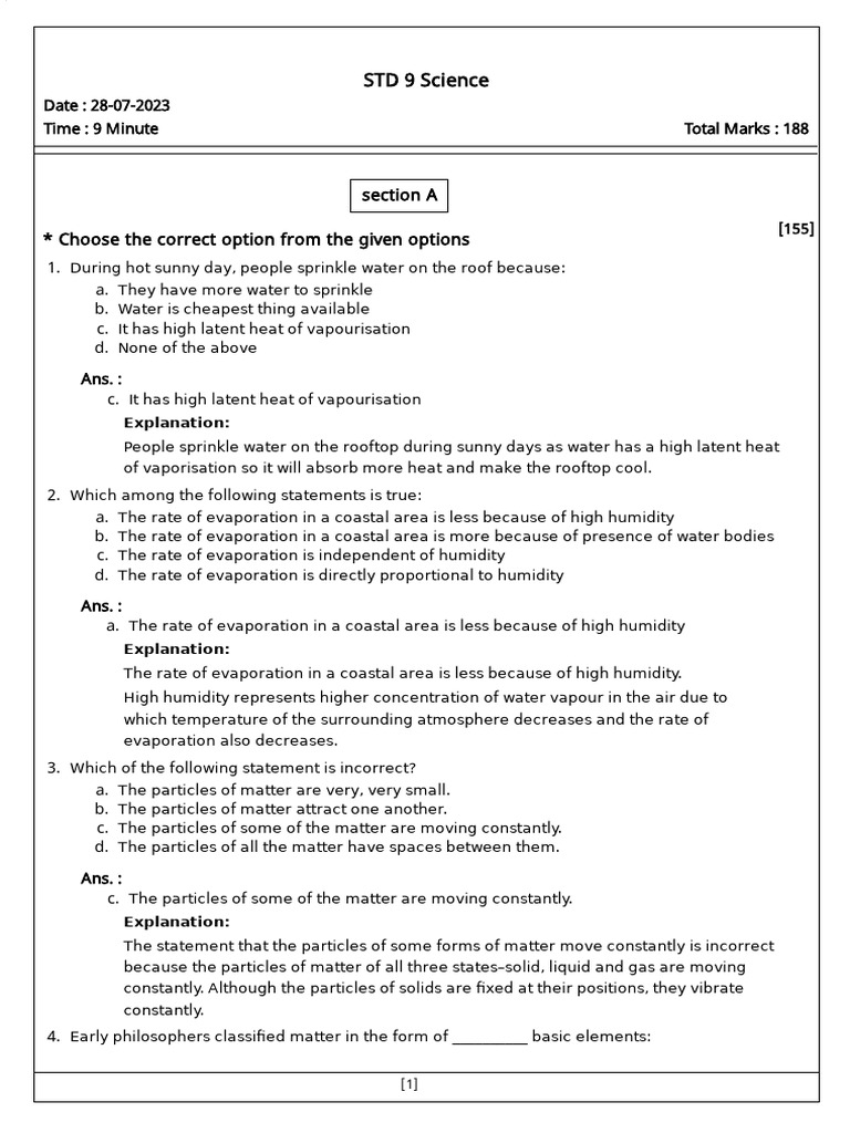 Science Quiz on Matter and Evaporation | PDF | Evaporation | Liquids