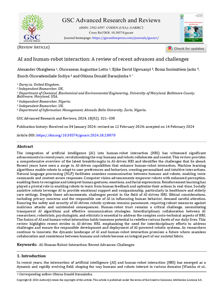 AI and Human-Robot Interaction - A Review of Recent Advances and ...