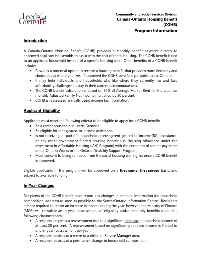 Canada-Ontario Housing Benefit Overview | PDF | Taxes | Renting