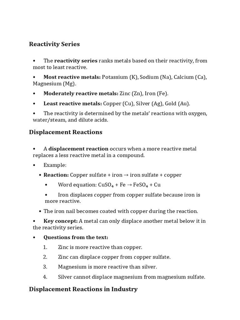 Reactivity Series and Displacement Reactions | PDF | Acid | Sodium Chloride