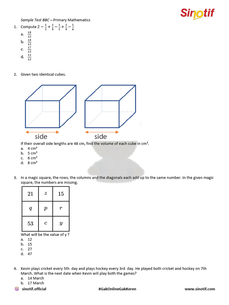 Primary Mathematics Sample Test Questions | PDF | Litre | Area