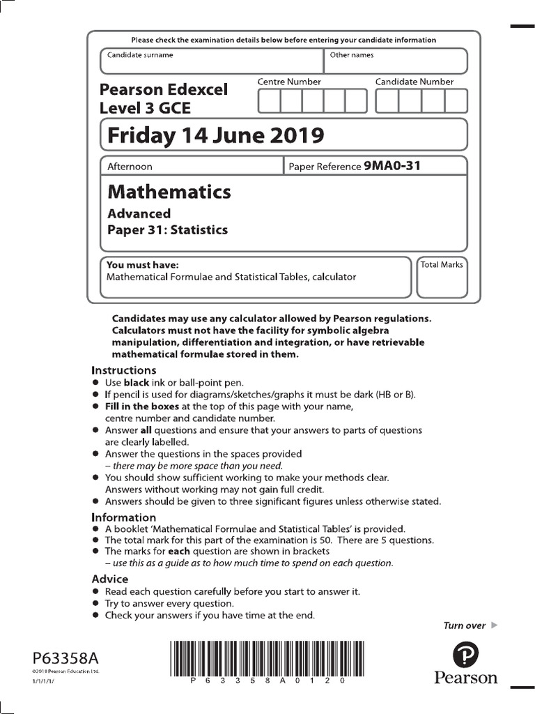9MA0 A Level Paper 31 Statistics Maths June 2019 QP | PDF