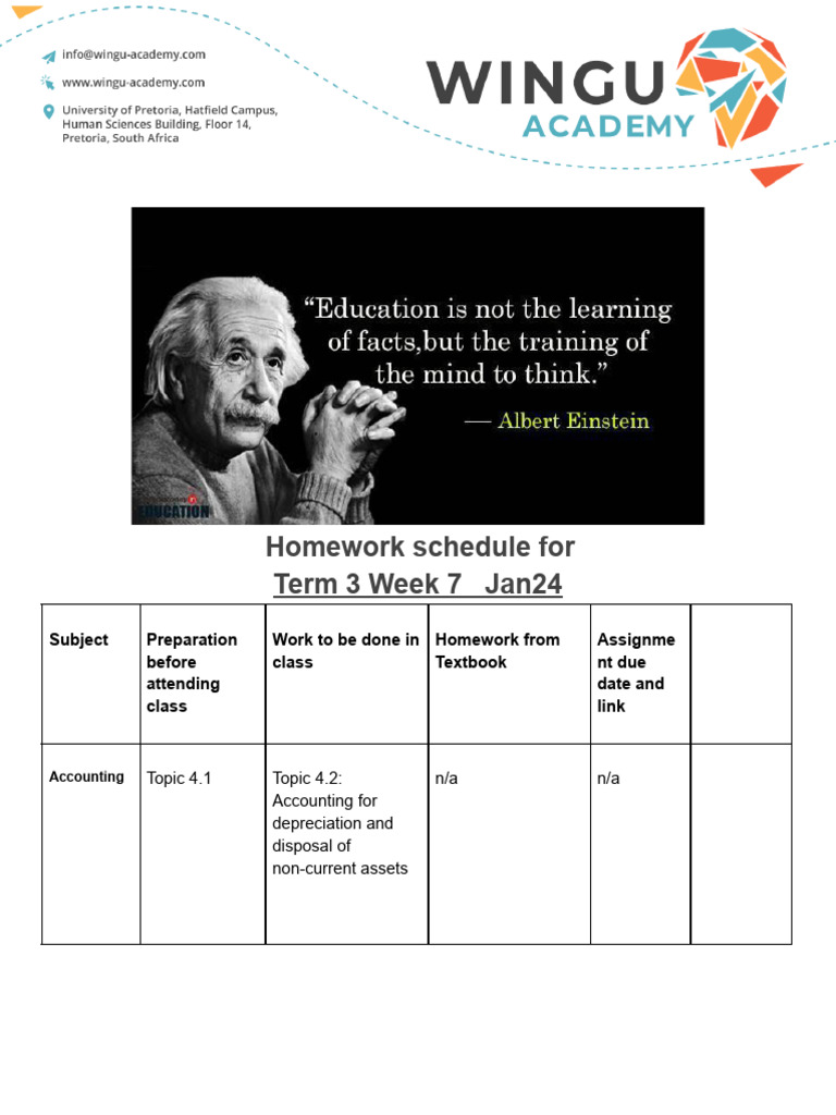 Term 3 Week 7 Homework Schedule | PDF | Science