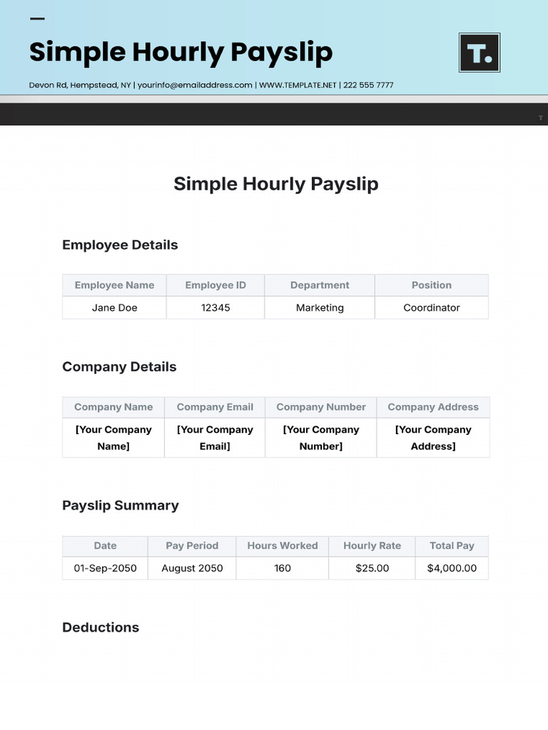 Simple Hourly Payslip Template | PDF