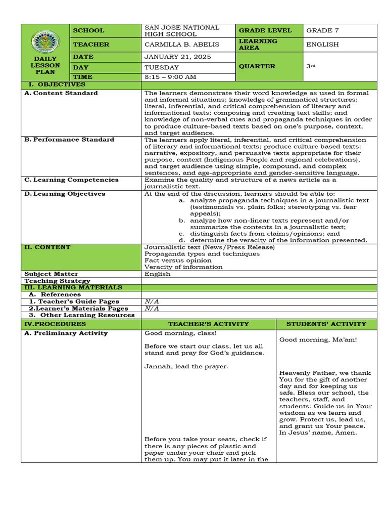 Grade 7 English Lesson Plan on Propaganda | PDF | Propaganda | Reading ...