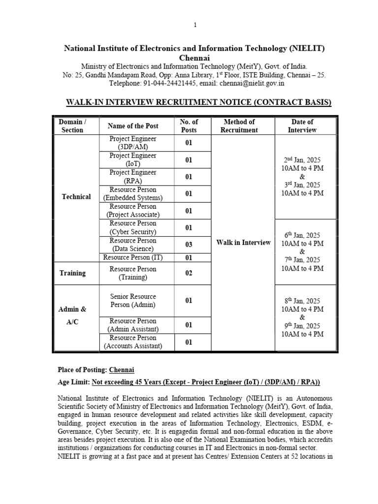 NIELIT Chennai Walk-In Interview 2025 | PDF | 3 D Printing | Embedded ...