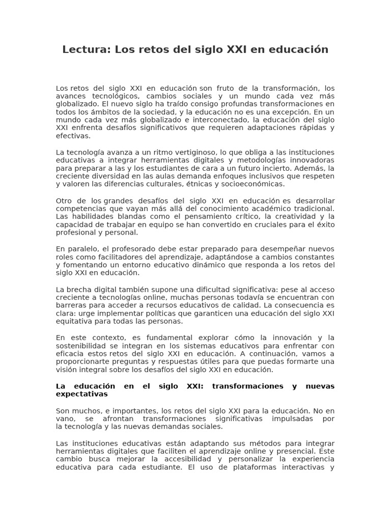 Lectura: Los Retos Del Siglo XXI en Educación | PDF | Enseñando ...
