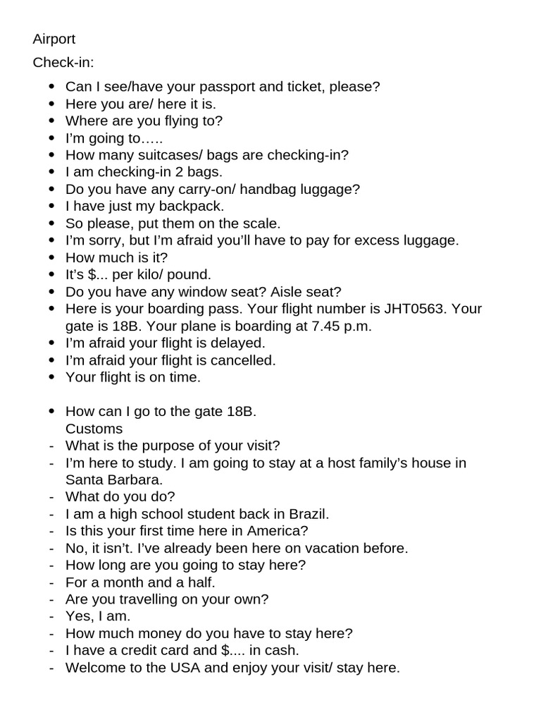 Airport Check-in and Customs Dialogue Guide | PDF