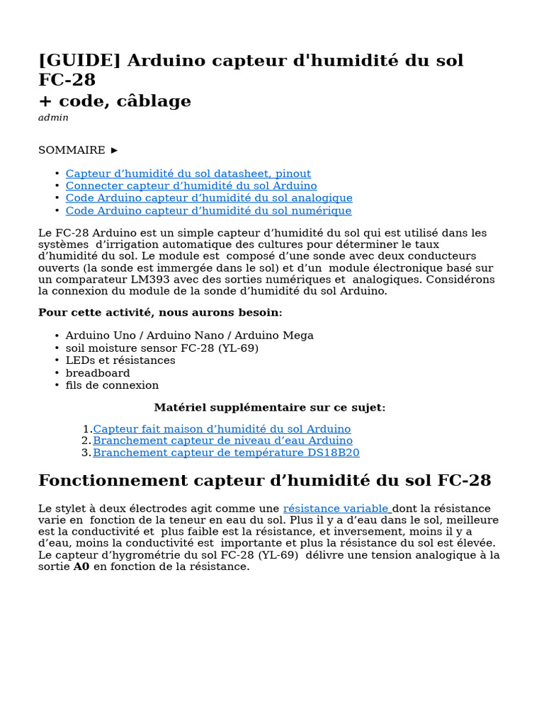 (GUIDE) Arduino Capteur D'humidité Du Sol FC-28 + Code, Câblage | PDF ...