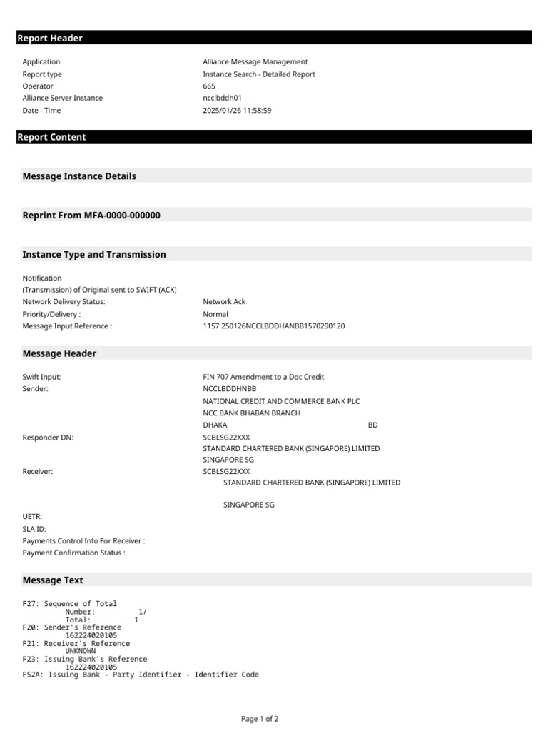 SWIFT Message Instance Detailed Report | PDF | Transmission Control ...