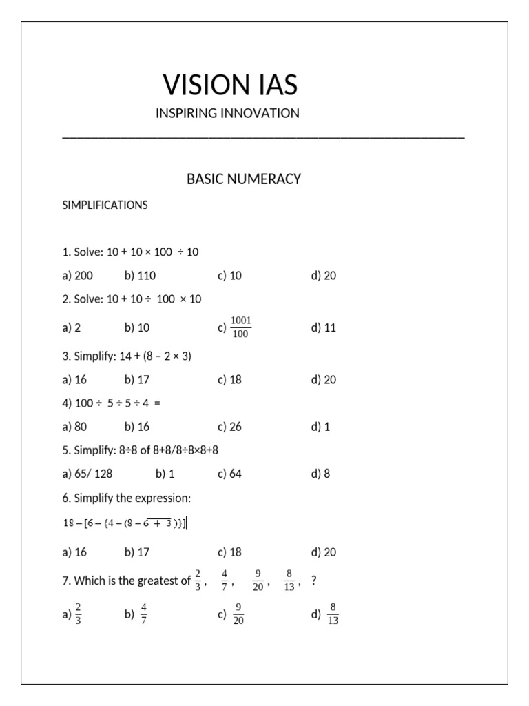 Basic Numeracy Practice Questions | PDF | Numbers | Elementary Mathematics