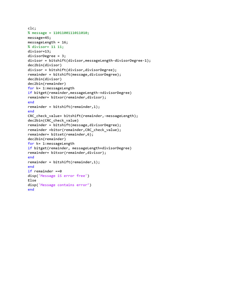 CRC Error Checking in MATLAB Code | PDF