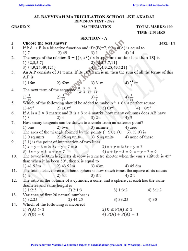 Grade X Mathematics Revision Test 2022 Pdf Sphere Mathematics