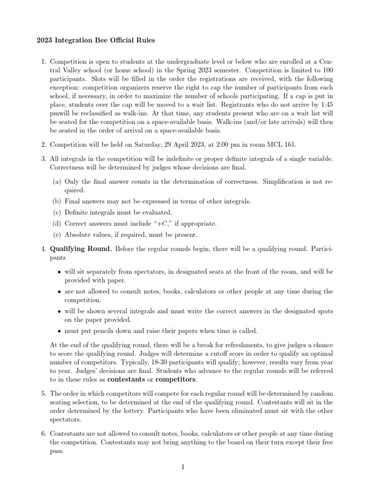 2023 Integration Bee Competition Rules | PDF | Integral