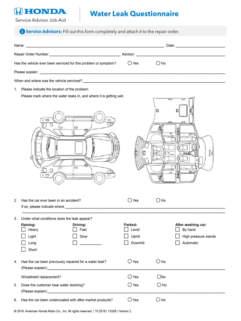 Water Leak Questionnaire for Service Advisors | PDF | Car | Automotive ...