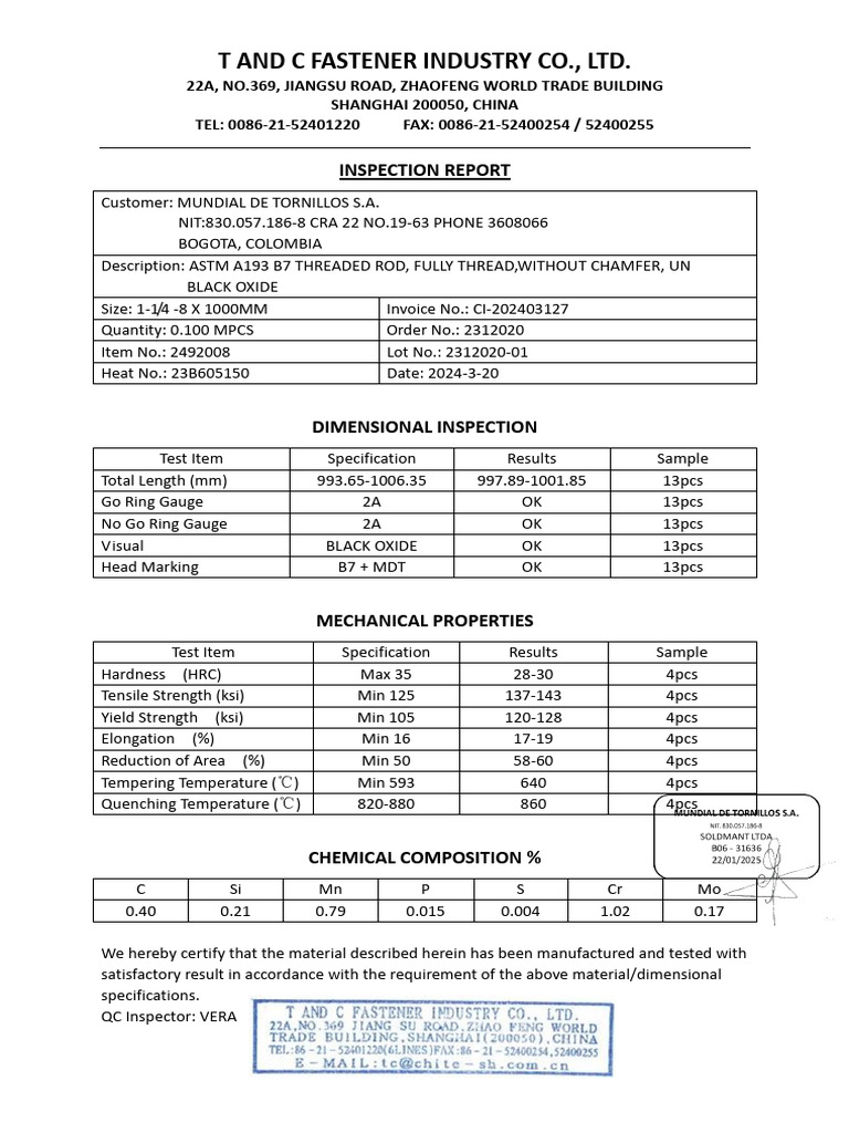 Inspection Report for Fasteners and Washers | PDF | Materials ...
