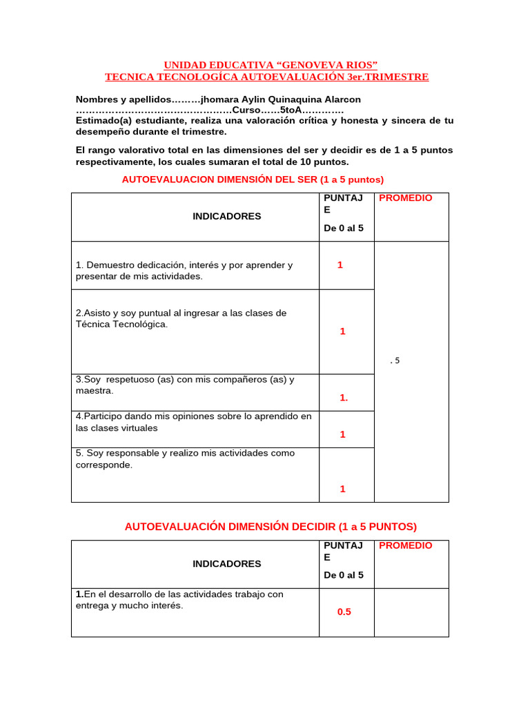 Autoevaluación Estudiantil 5toA | PDF