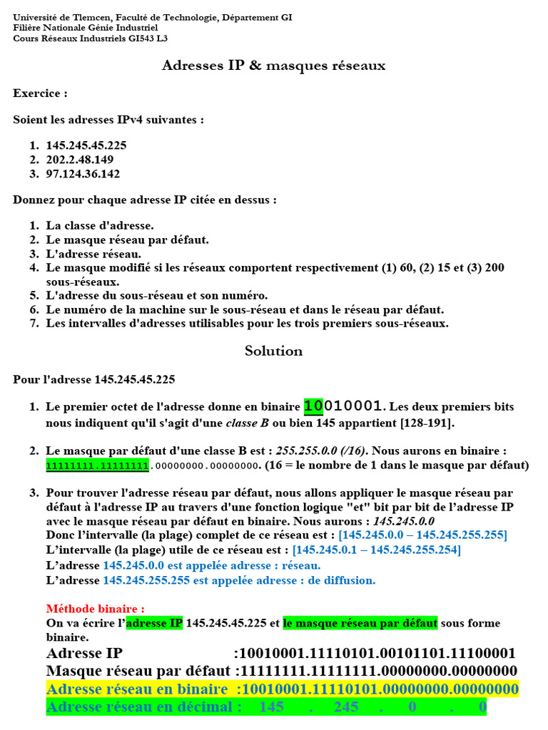 Adresses IP et Masques Réseau | PDF | Architecture de réseau | Réseau ...