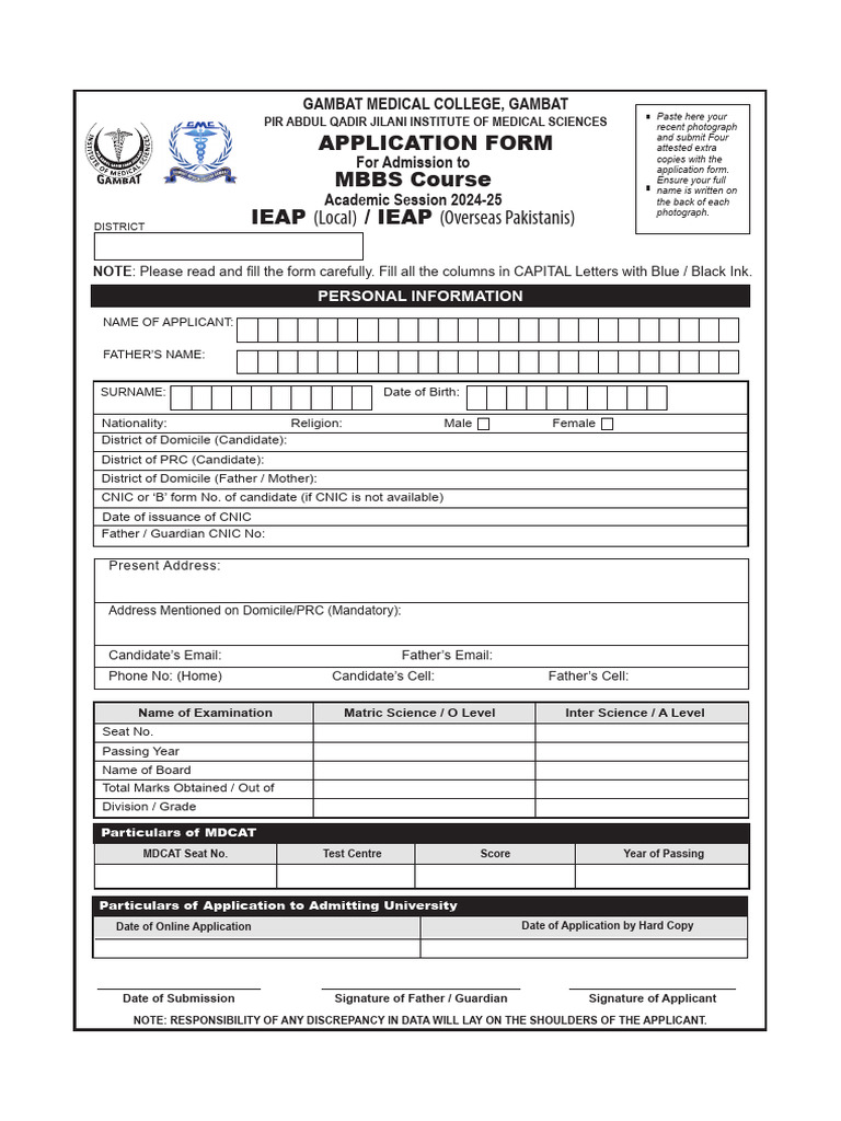 MBBS Admission Application Form 2024-25 | PDF