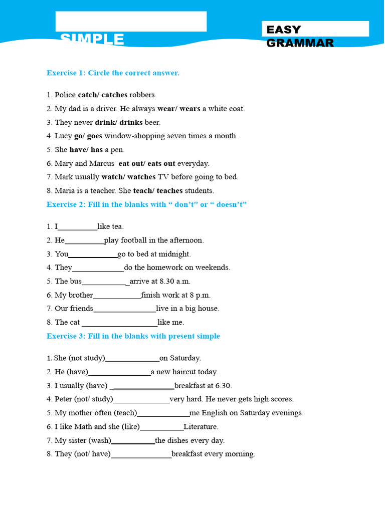 Present Simple Exercises Worksheet | PDF