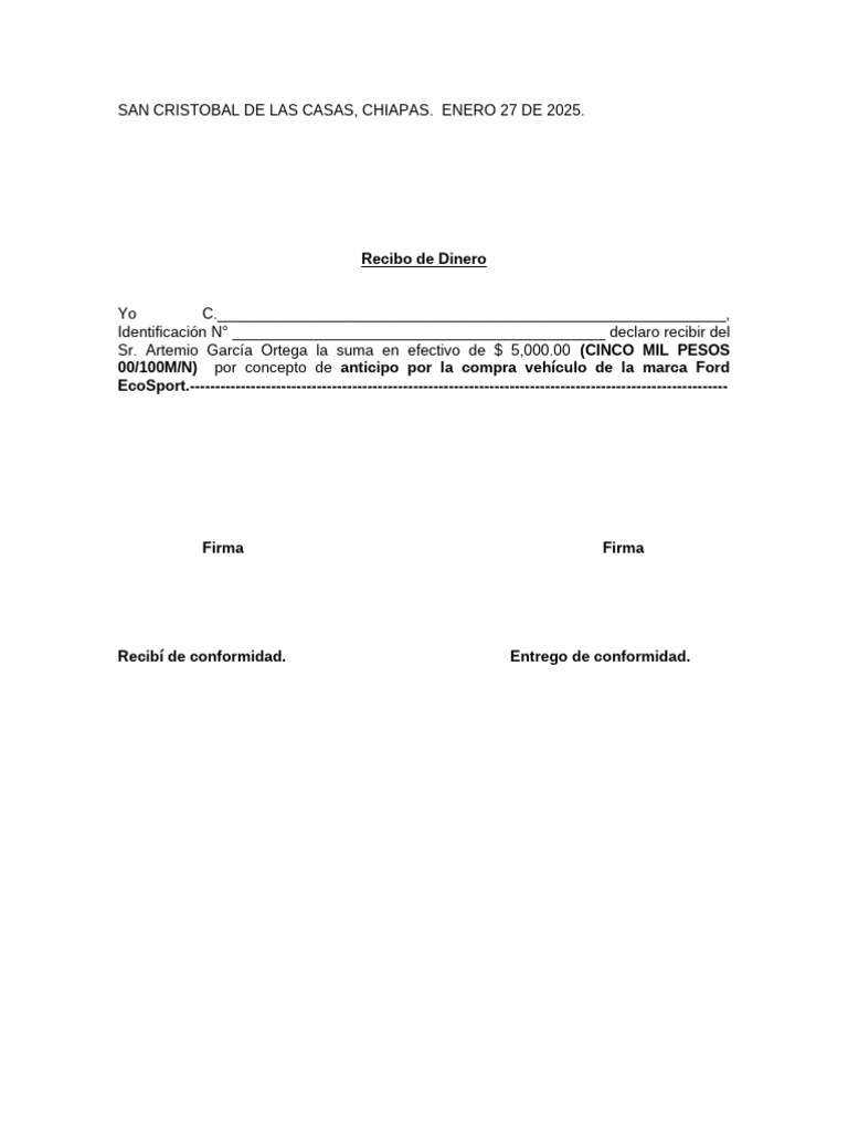 Recibo Anticipo Compra Ford EcoSport | PDF