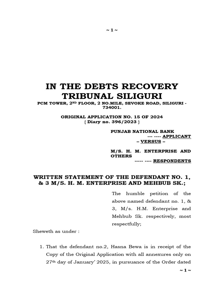 Written Statement of The Defendant 1 and 3 H M Enterprise and Mehbub SK ...