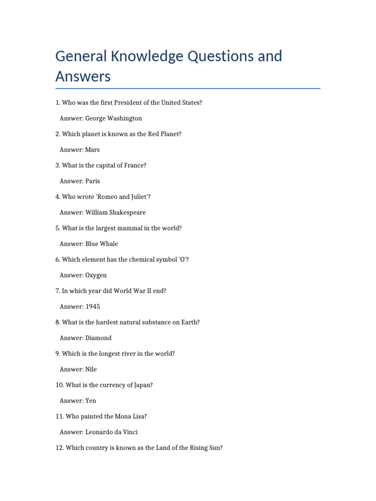 General Knowledge Questions | PDF | Mars | Planets
