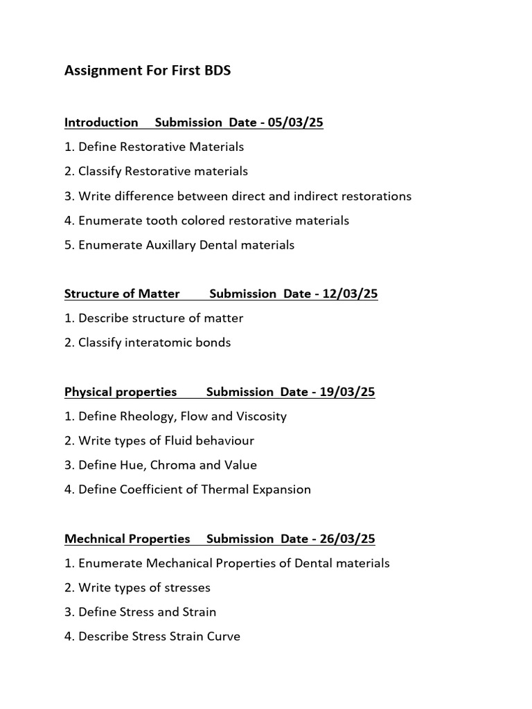 BDS Assignment: Dental Materials Overview | PDF