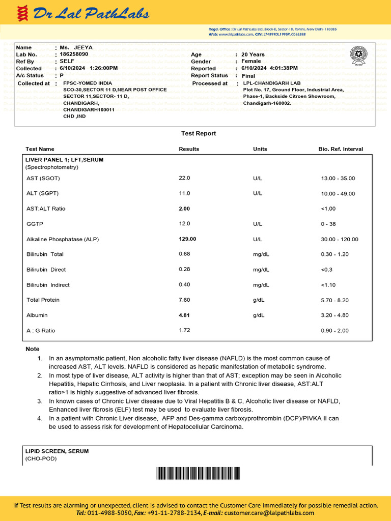 Liver and Lipid Test Report Summary | PDF