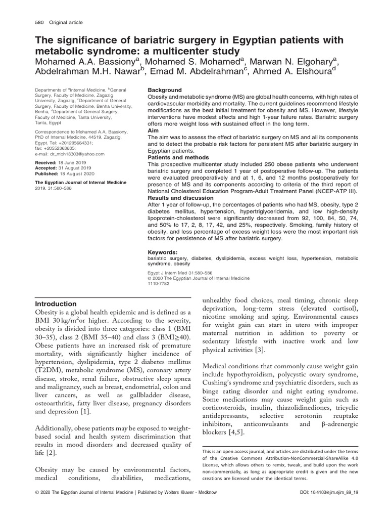 Bariatric Surgery Impact on Metabolic Syndrome in Egypt | PDF ...